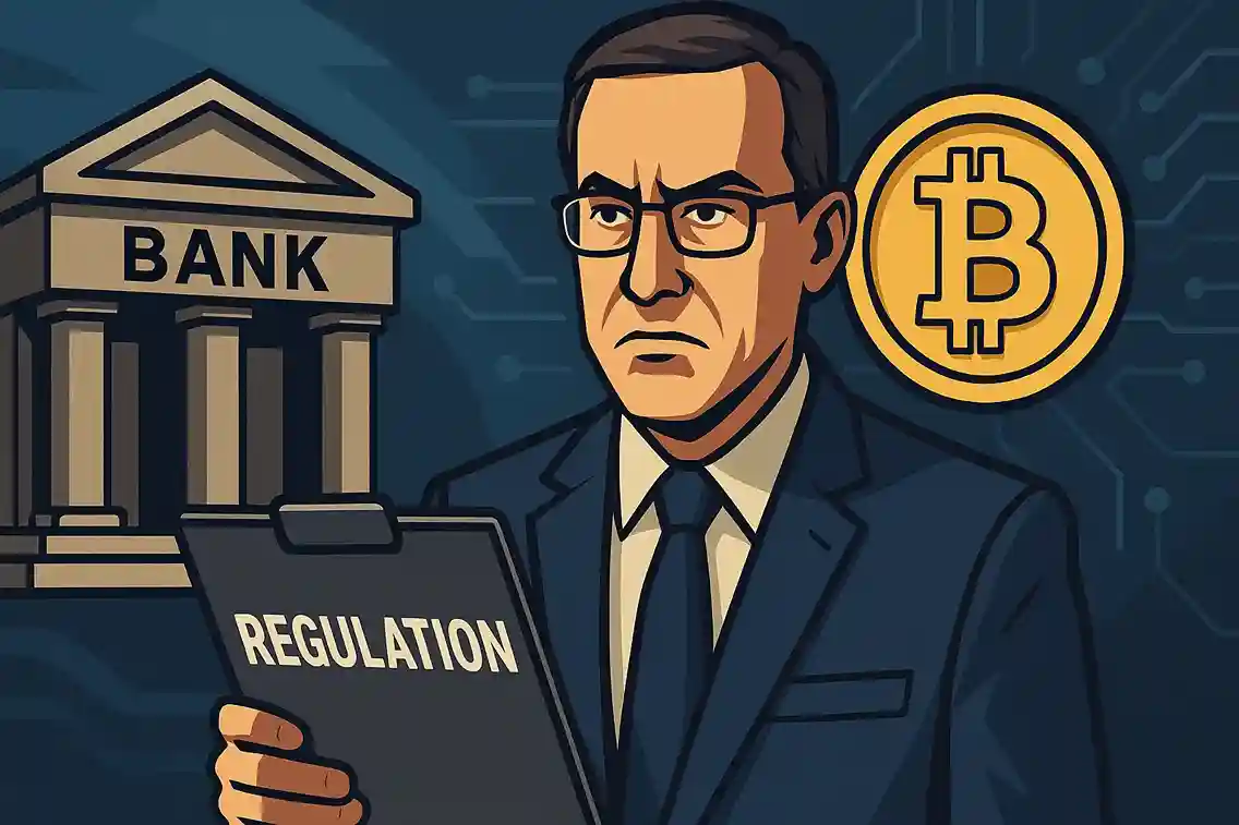 ilustrasi regulator perbankan Amerika memegang dokumen regulasi di antara simbol bank dan bitcoin