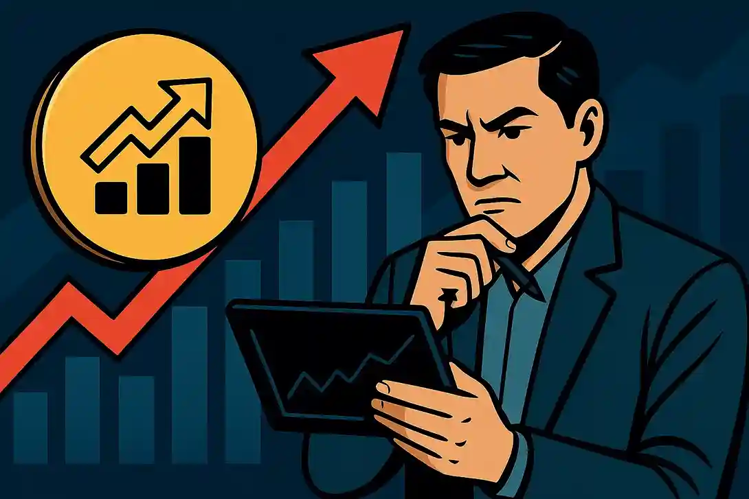 Ilustrasi investor menganalisis lonjakan saham COIN dengan grafik naik di layar tablet